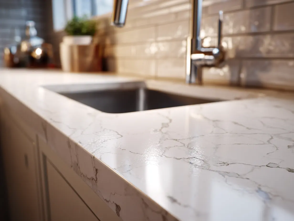 20 mm quartz countertop with undermount stainless sink and veining