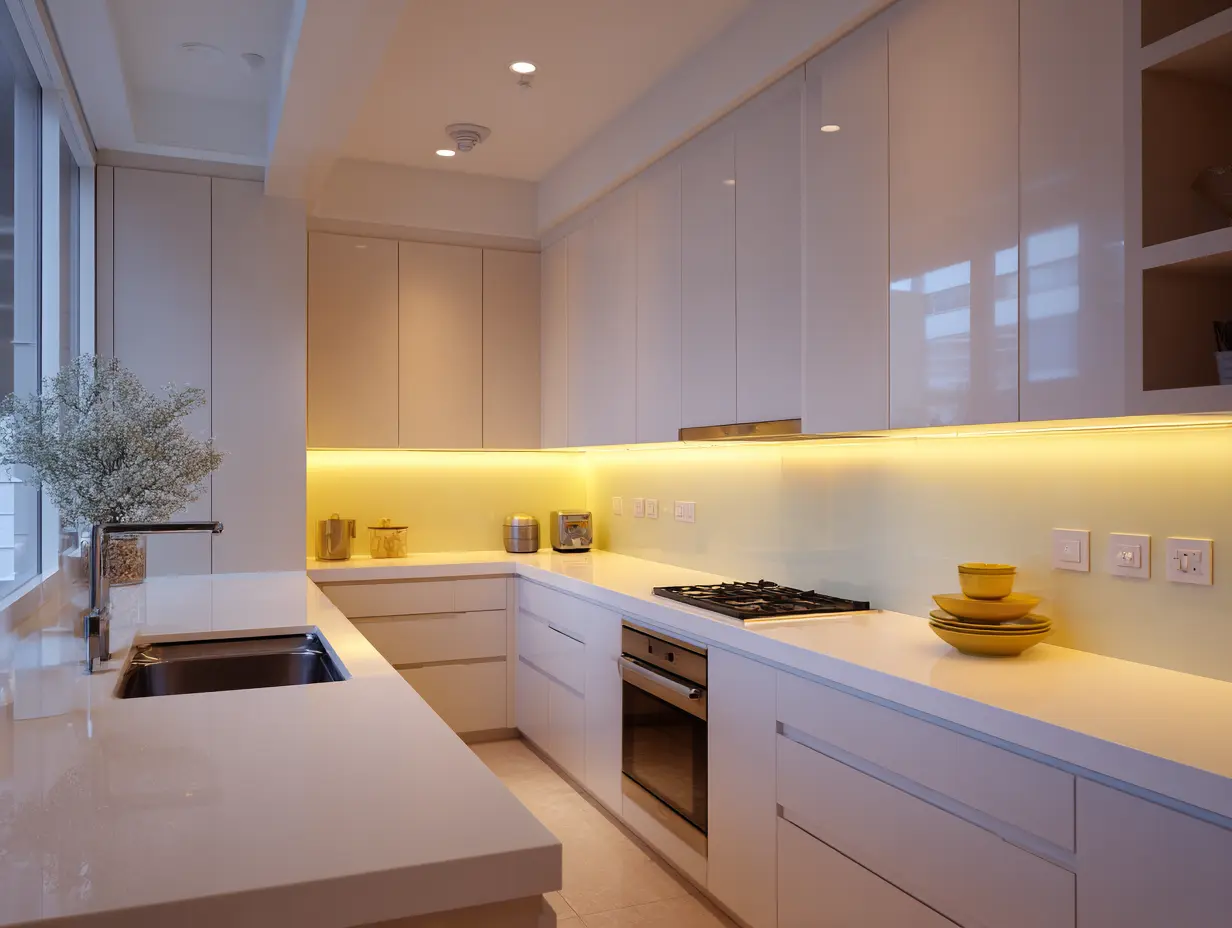LED under‑cabinet task lighting illuminating quartz worktop