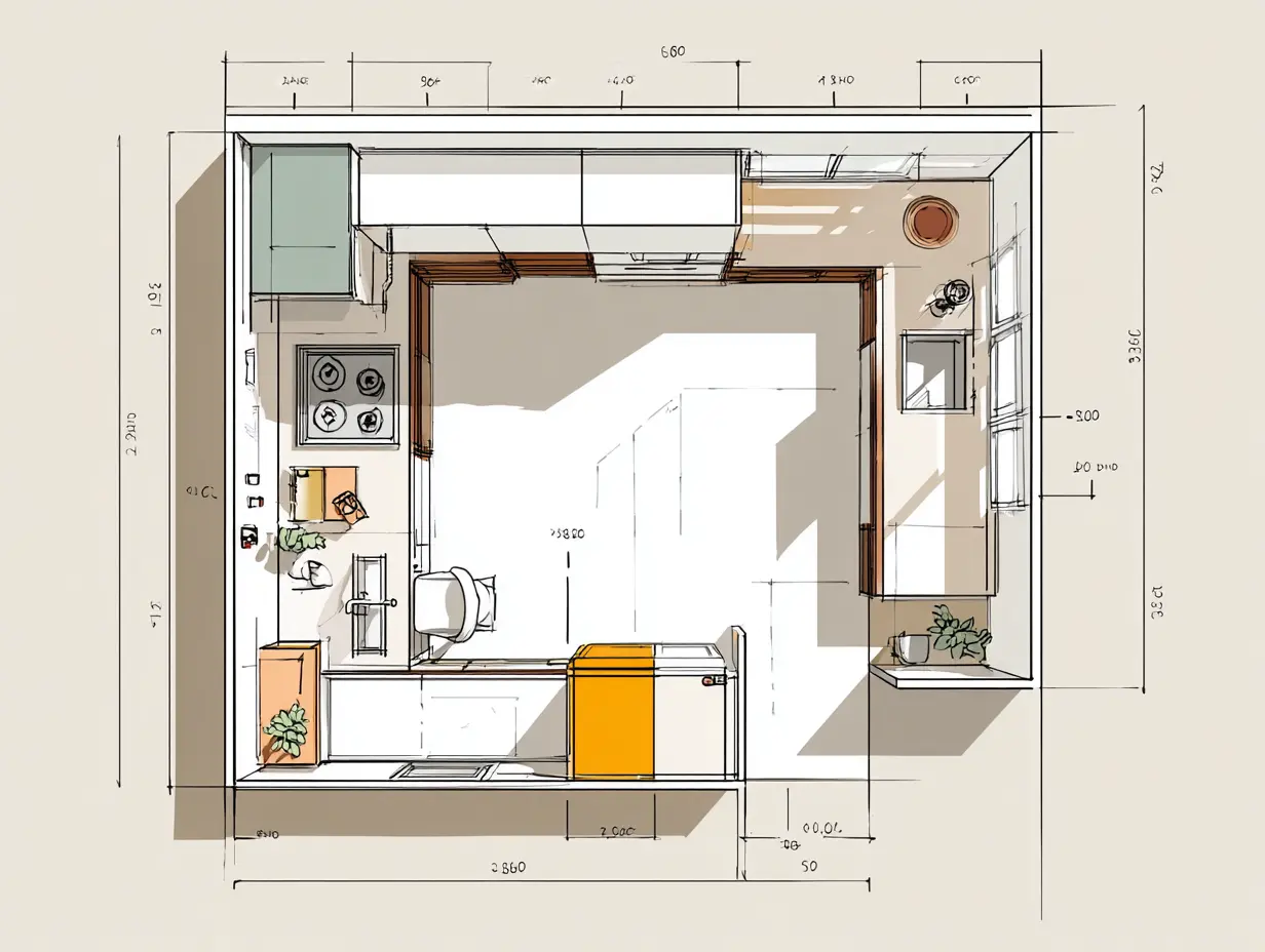 Kitchen layout floor plan diagram showing work triangle and dimensions