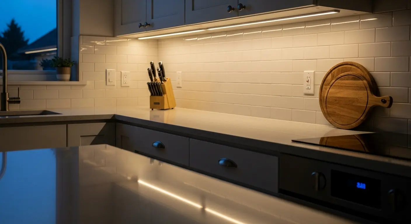 Under-cabinet LED task lighting in Malaysian kitchen