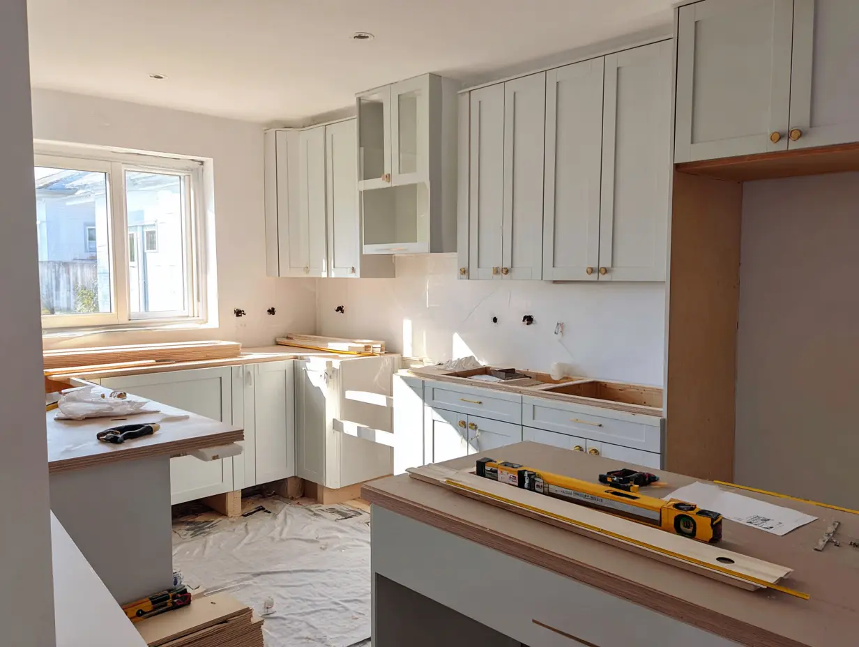 Kitchen renovation in progress with cabinet installation in Malaysian home