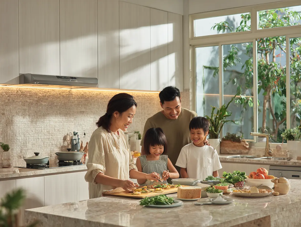 Malaysian family enjoying newly renovated kitchen with modern features