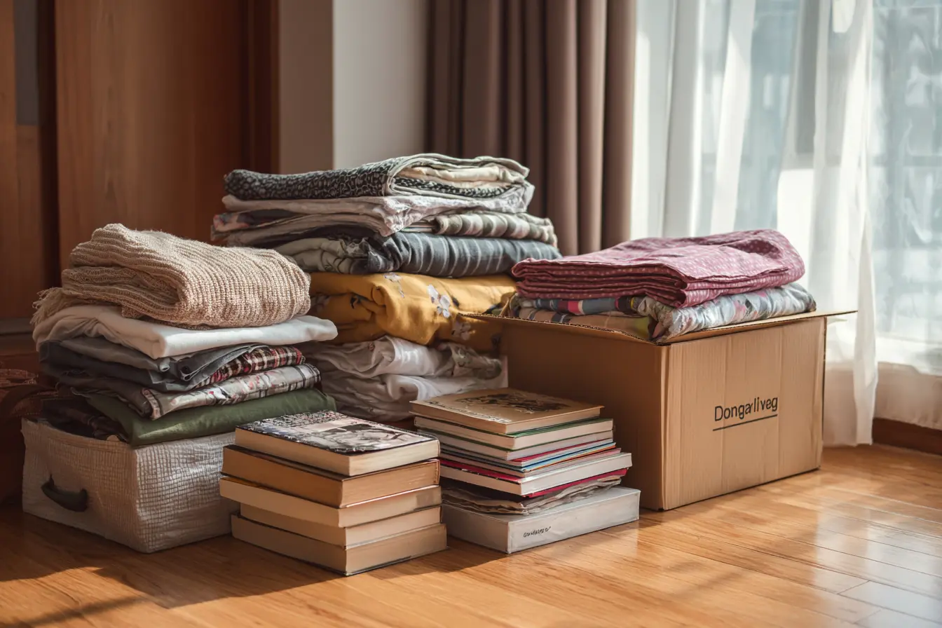 Neatly organized clothes books and household items ready for donation in Klang Valley