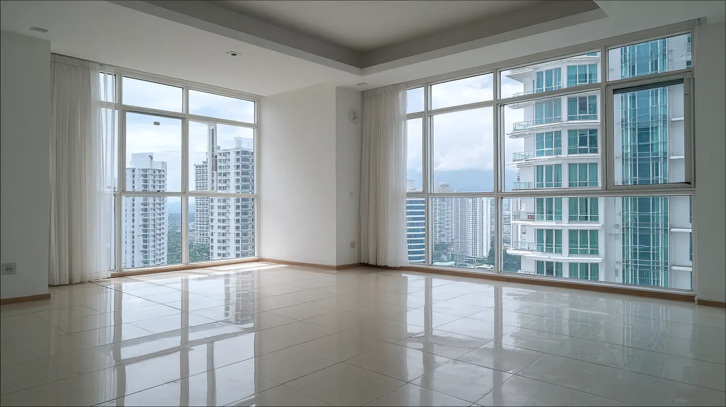 Clean minimal Malaysian living room with natural light ready for decorating project