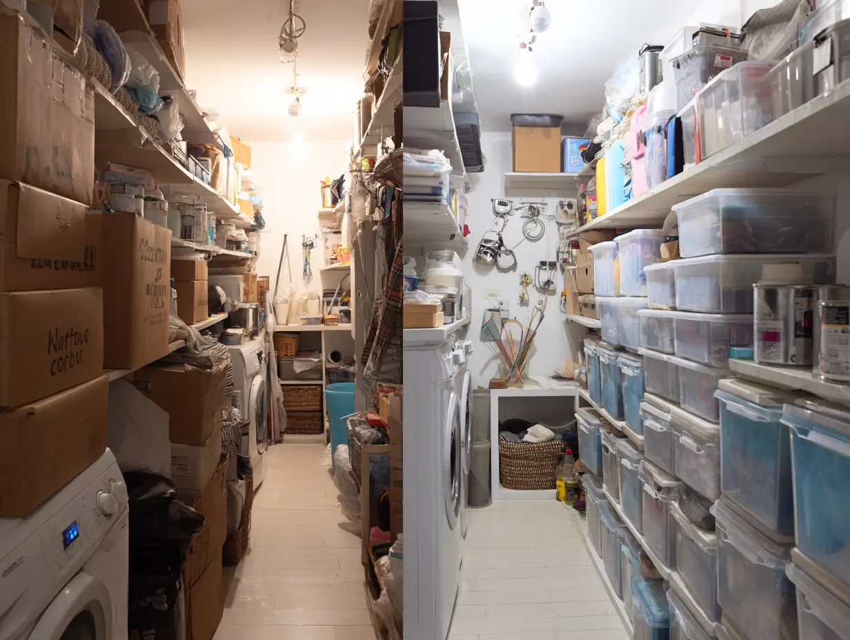 Malaysian home storeroom transformation from cluttered to organized with labeled storage boxes