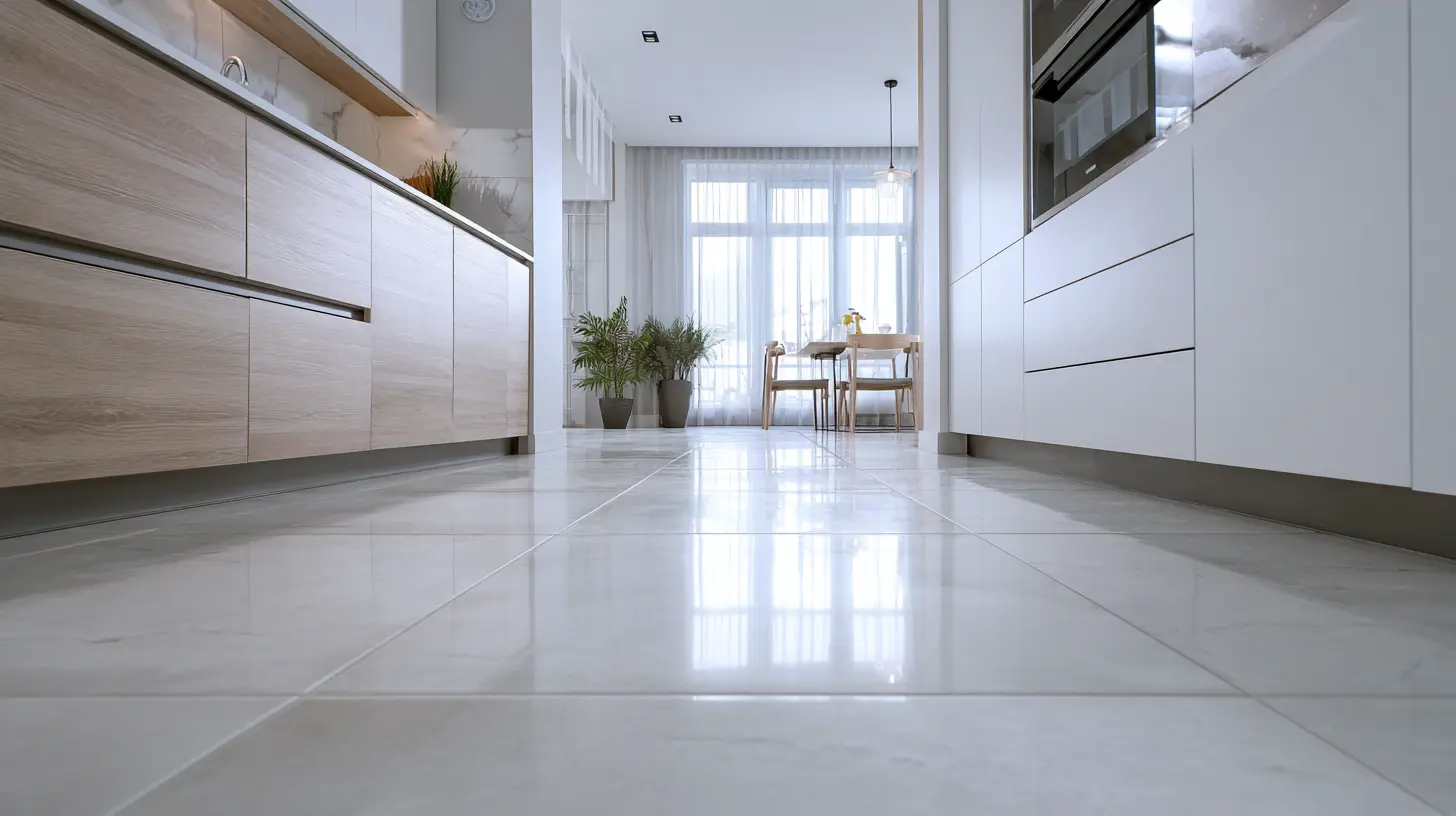 Large format porcelain tile flooring in modern Malaysian kitchen with minimal grout lines