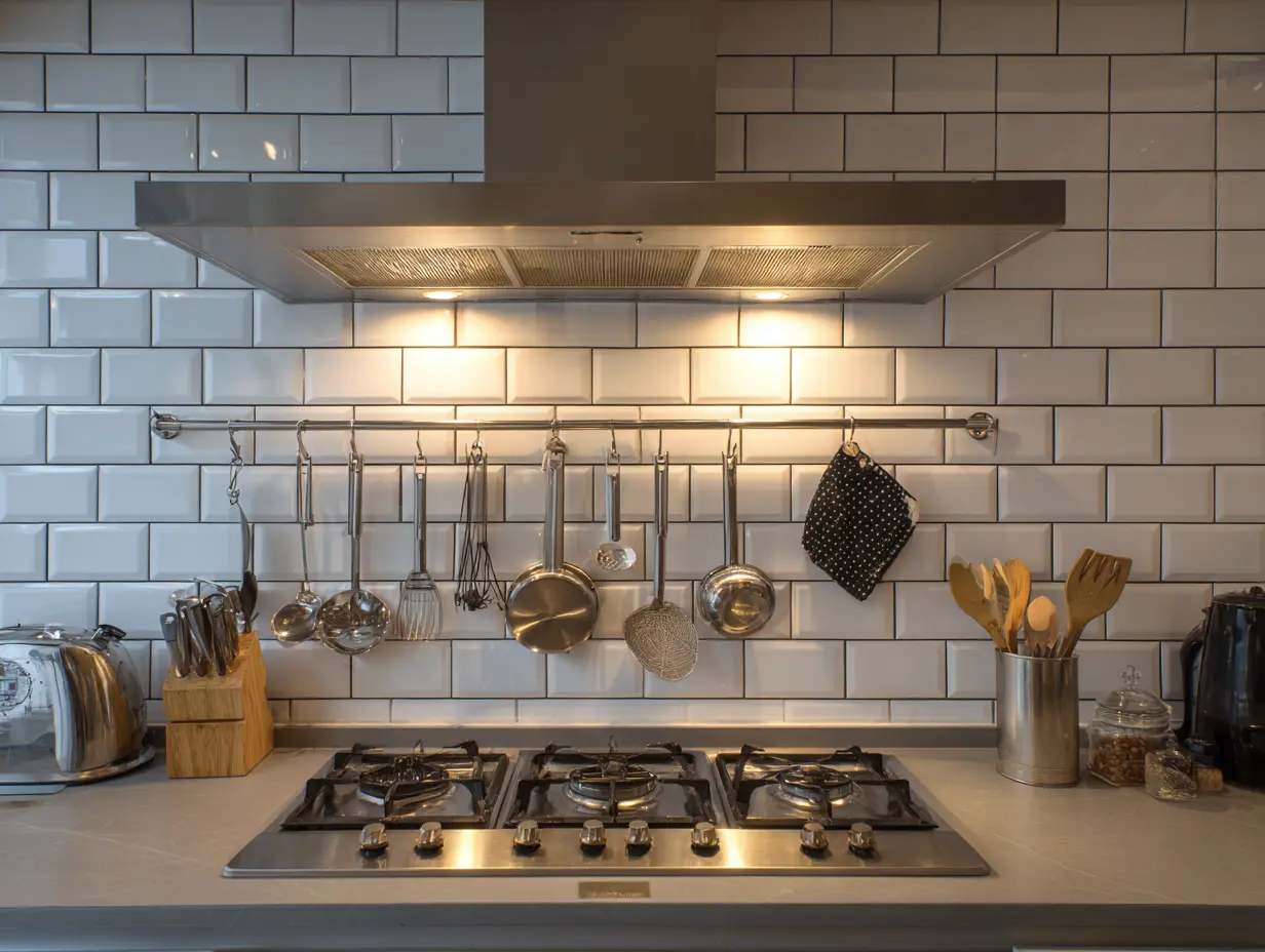 Kitchen backsplash with ceramic tiles behind stove in Malaysian home kitchen