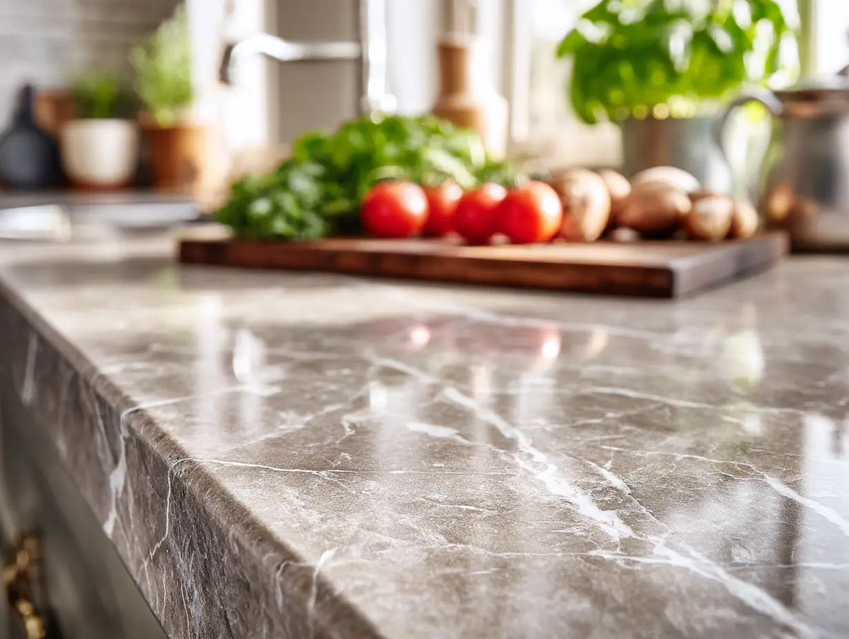 Close-up of premium quartz countertop surface with grey and white veining in Malaysian kitchen