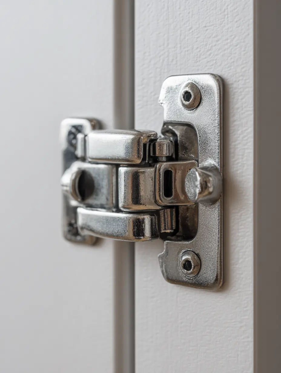 Close-up of quality stainless steel soft-close hinge for Malaysian kitchen cabinet