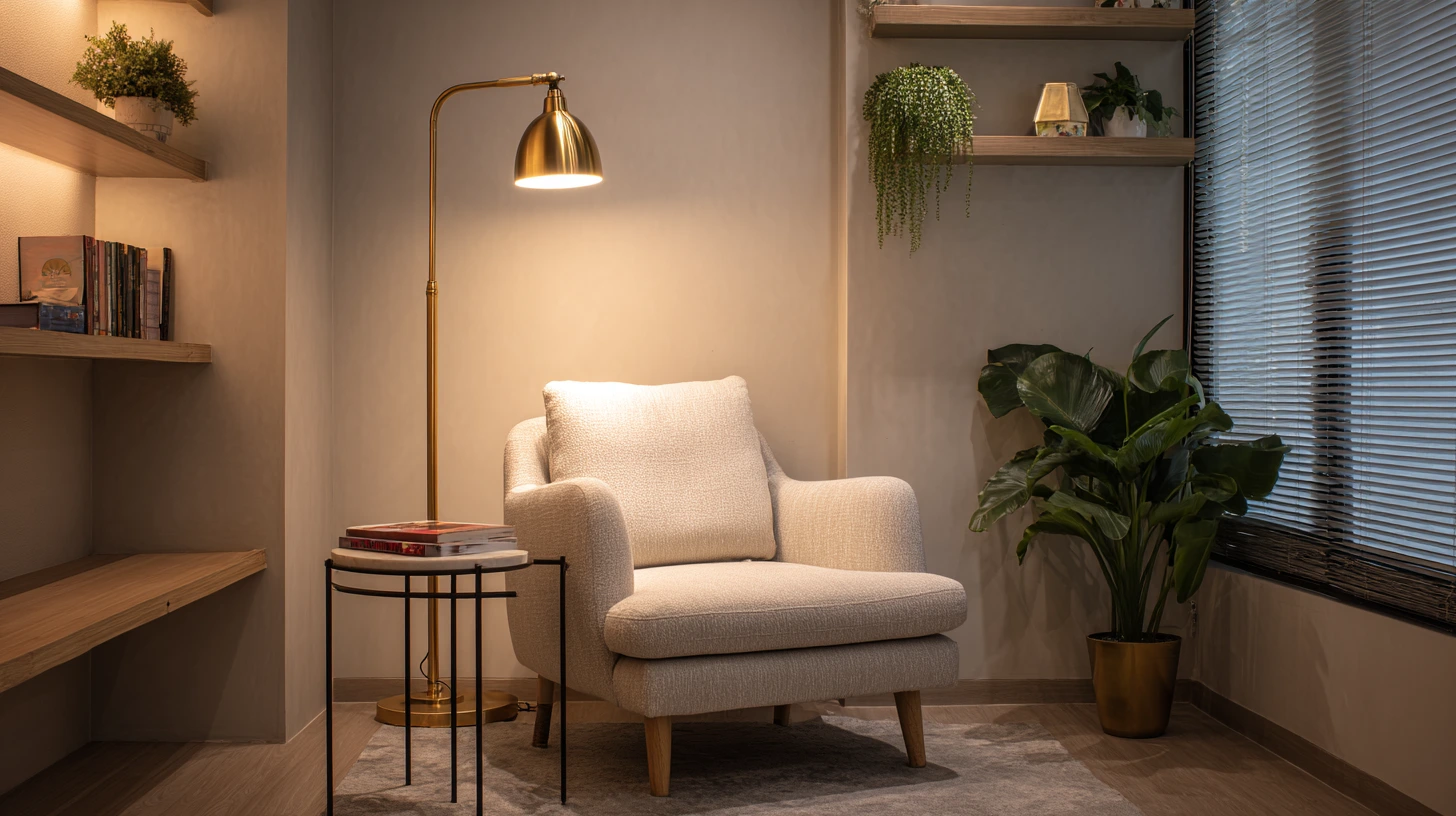 Compact reading corner with armchair and floor lamp in small Kuala Lumpur apartment living room