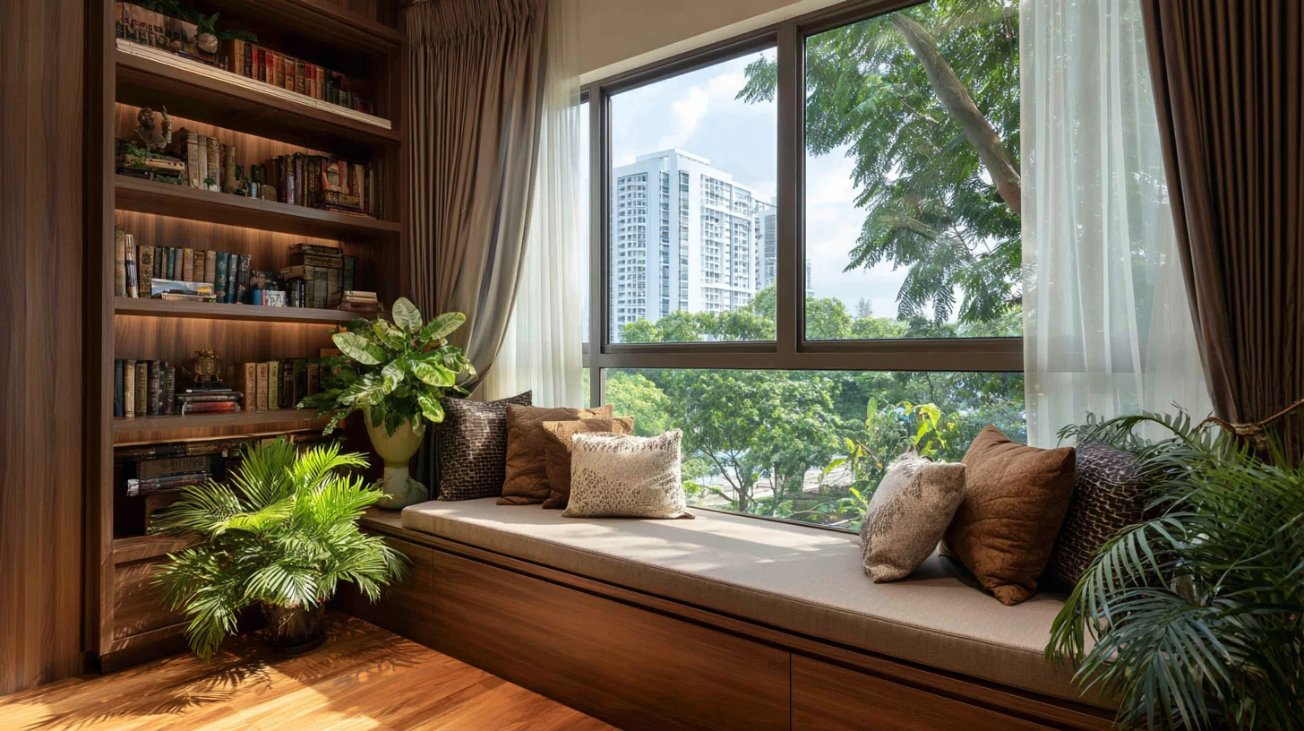 Family-sized window seat reading corner with cushions and shelving in Klang Valley condo