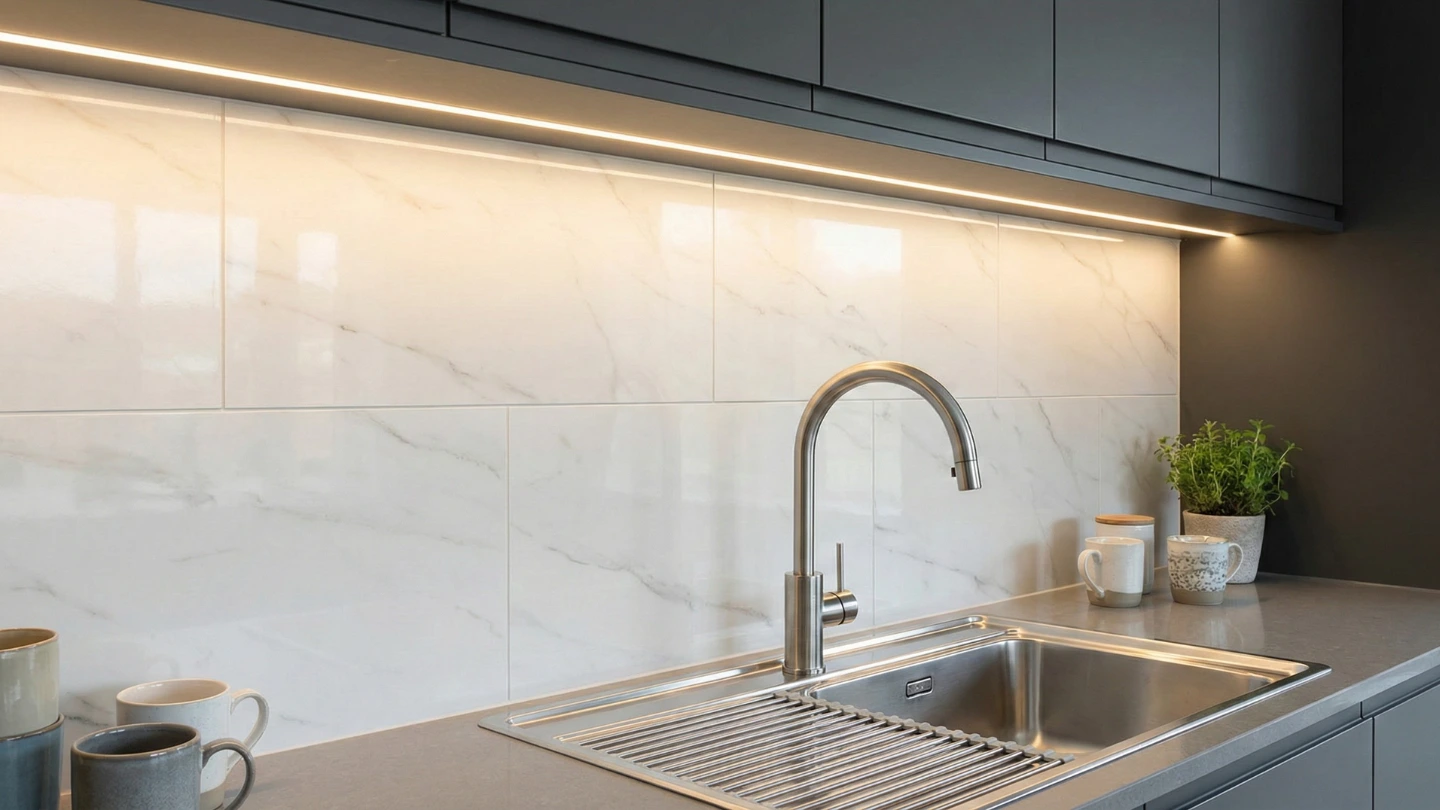 A sleek kitchen backsplash using large 600x600mm marble-effect porcelain tiles to minimise grout lines.