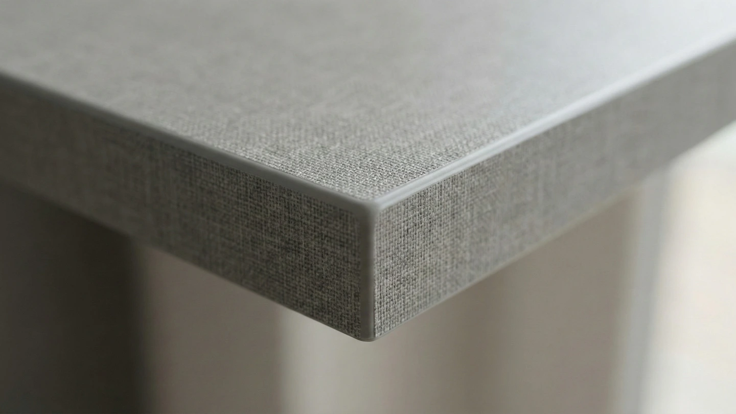 Close-up detail of a textured laminate cabinet door with smooth ABS edging, simulating a fabric finish.