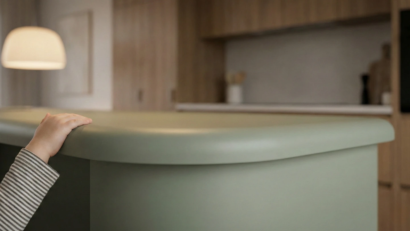 A detail shot of a kitchen island with curved edges and matte anti-fingerprint laminate cabinetry.