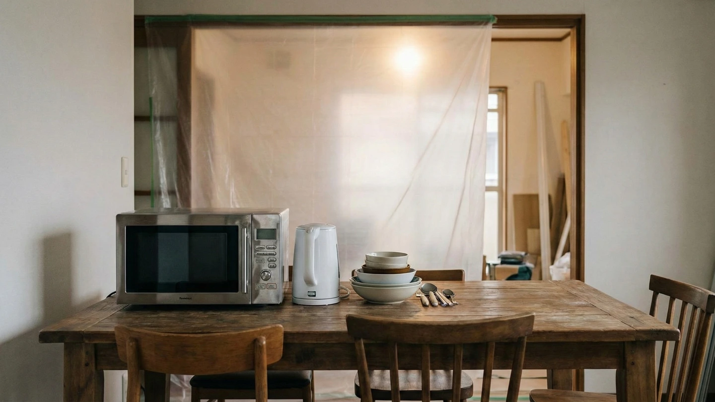 Cardboard boxes stacked in a modern Malaysian wet kitchen with a blurred contractor in the background.