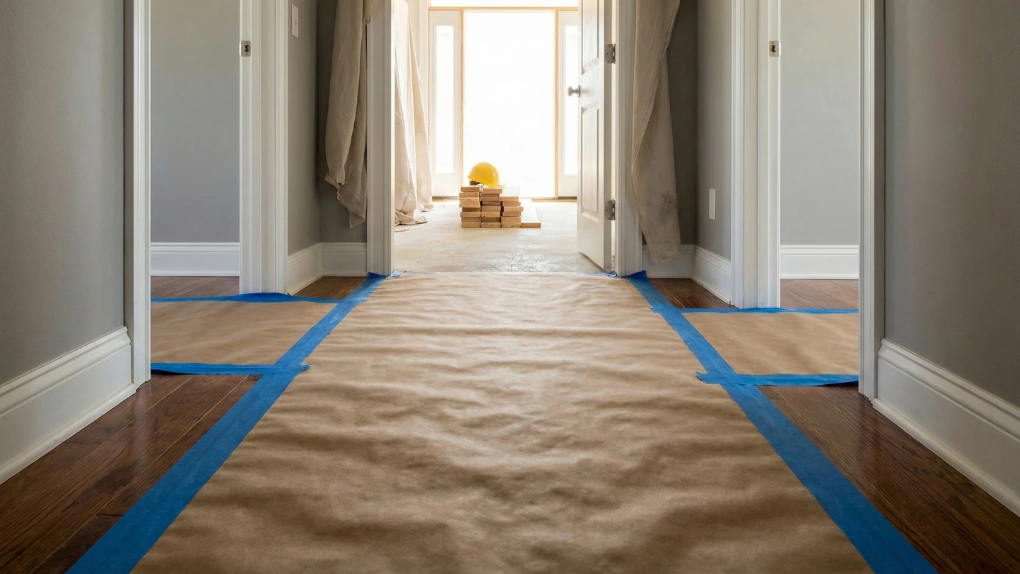 Corrugated cardboard protecting a timber floor in a hallway leading to a renovation site.
