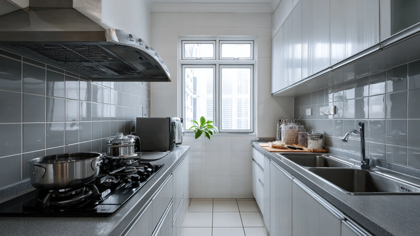 A functional wet kitchen layout designed for heavy cooking with a gas hob, ducted extractor hood, and easy-to-clean tiled backsplash