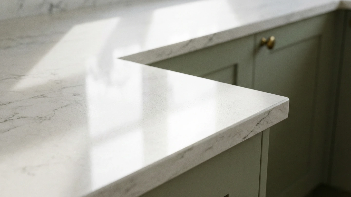 Close up detail shot comparing the texture of engineered quartz stone and sintered stone countertops.