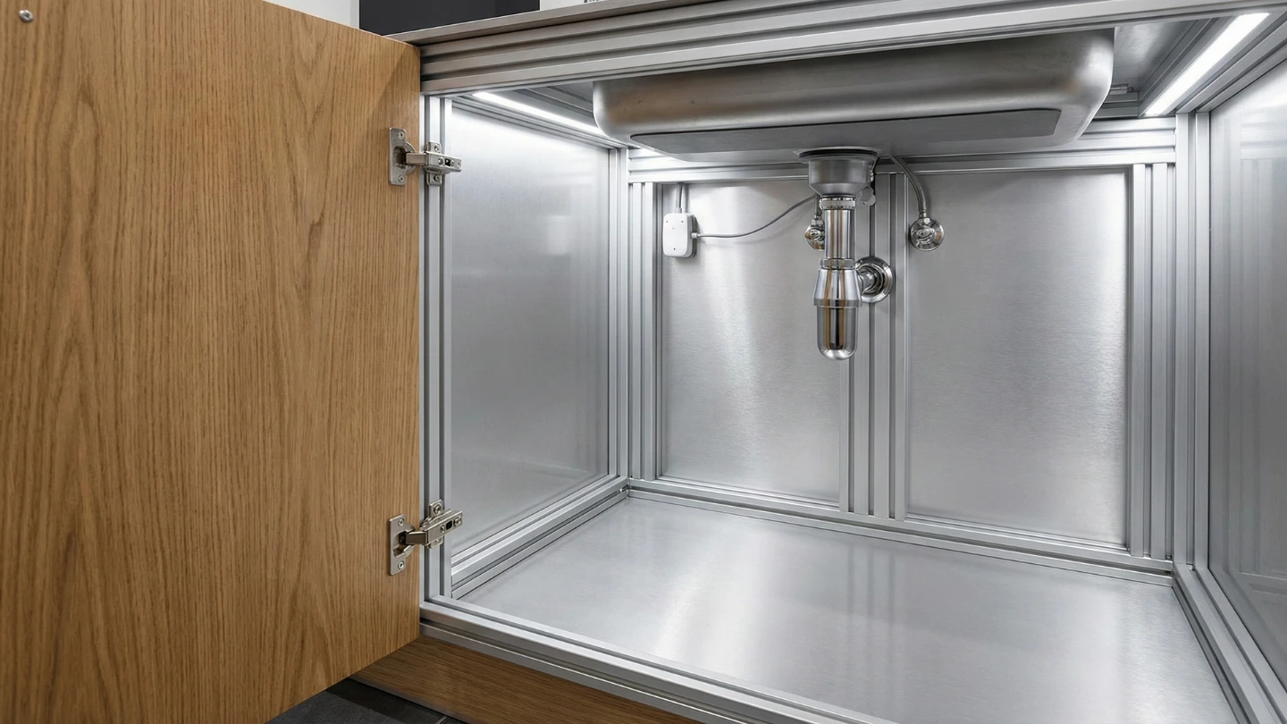 An open kitchen cabinet under the sink revealing a durable aluminium carcass structure to prevent water damage.
