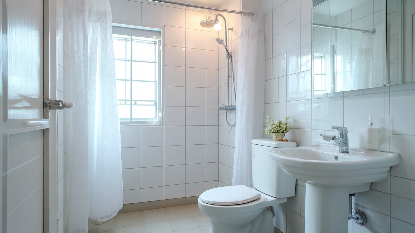 Clean white budget bathroom renovation with ceramic tiles and basic sanitary ware in Malaysian apartment Clean white budget bathroom renovation with ceramic tiles and basic sanitary ware in Malaysian apartment