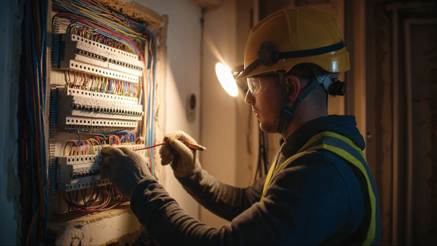 Electrician installing new wiring and distribution board in a terrace house renovation in Malaysia