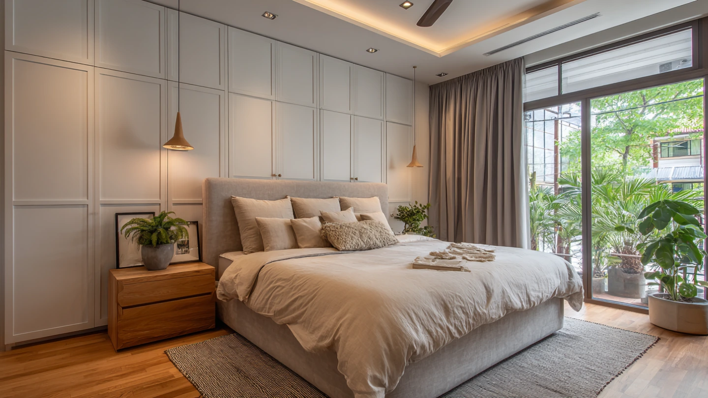 Renovated master bedroom with full built-in wardrobe and warm lighting in a Kuala Lumpur terrace house