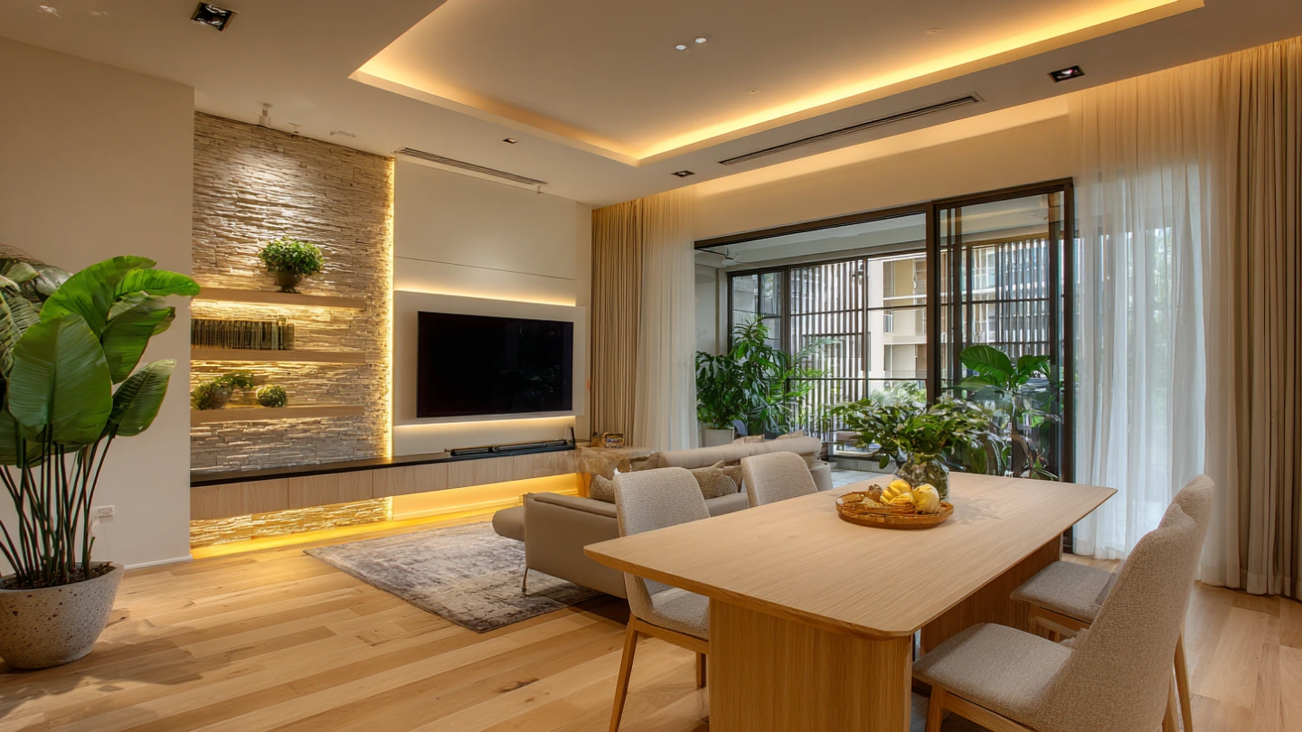 Modern renovated living and dining area in a Malaysian terrace house with timber flooring and feature wall
