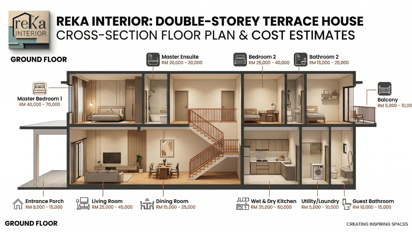 Infographic showing 2026 terrace house renovation costs by room in Malaysia with RM budget ranges