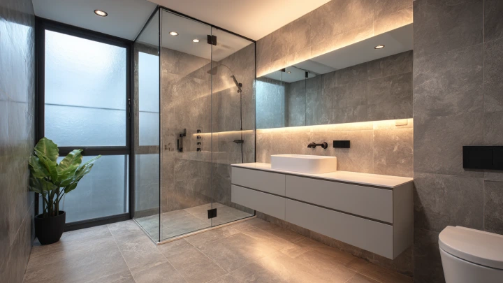 Renovated master bathroom with marble-look tiles and frameless shower in a Kuala Lumpur terrace house
