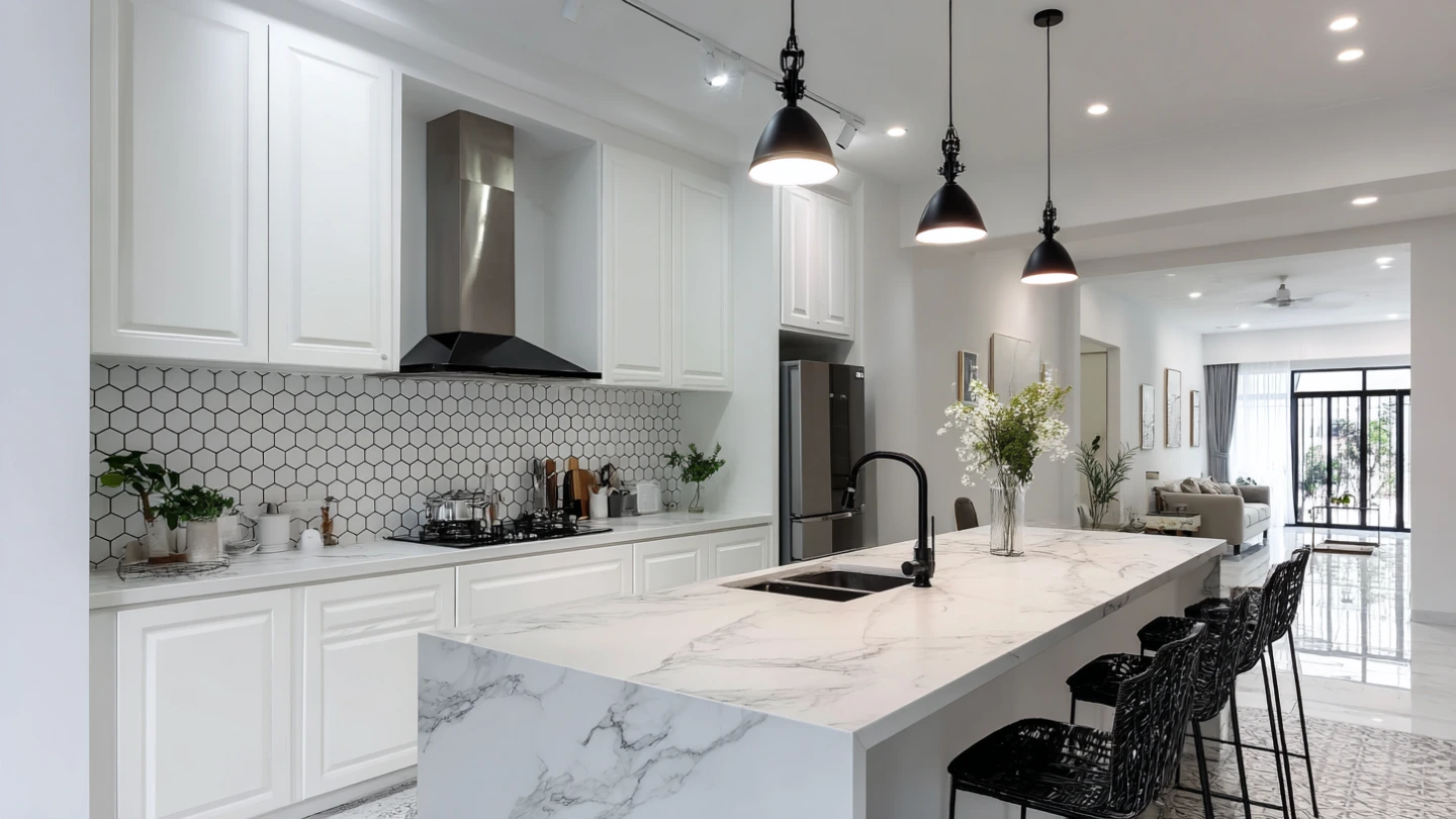 Modern dry kitchen with quartz island counter and pendant lights in a renovated Malaysian terrace house