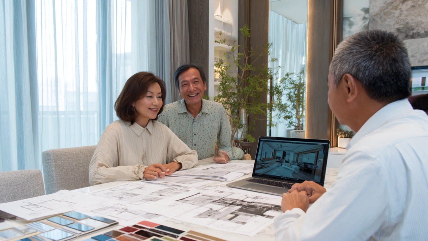 Interior designer reviewing renovation plans with Malaysian homeowners for a terrace house project in KL