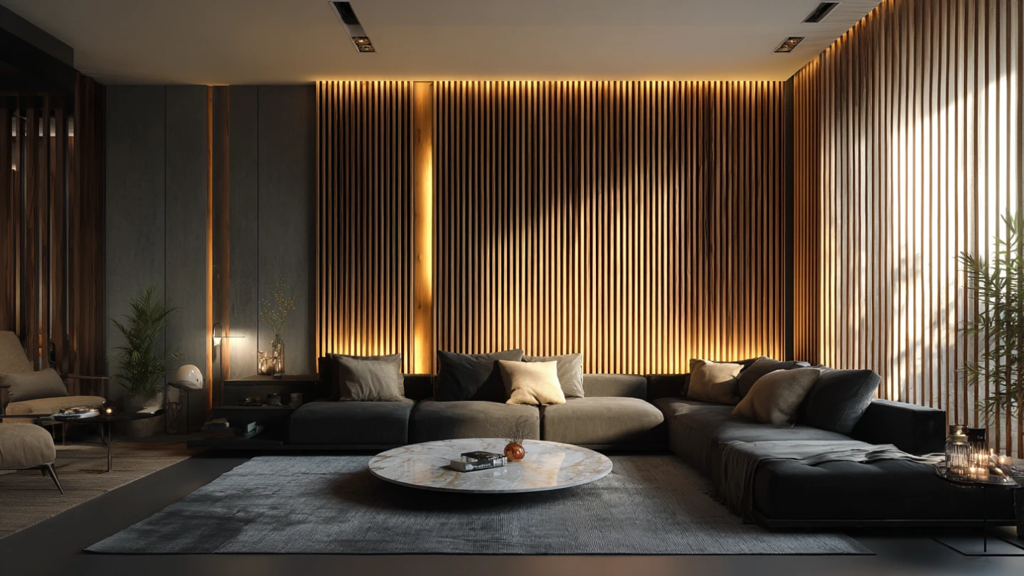 Warm timber slat feature wall with LED strip lighting in a Kuala Lumpur condo living room Warm timber slat feature wall with LED strip lighting in a Kuala Lumpur condo living room