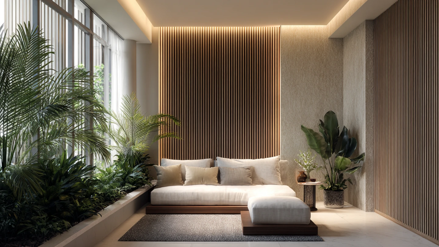 Stylish living room feature wall in a modern Malaysian condo with warm ambient lighting Stylish living room feature wall in a modern Malaysian condo with warm ambient lighting