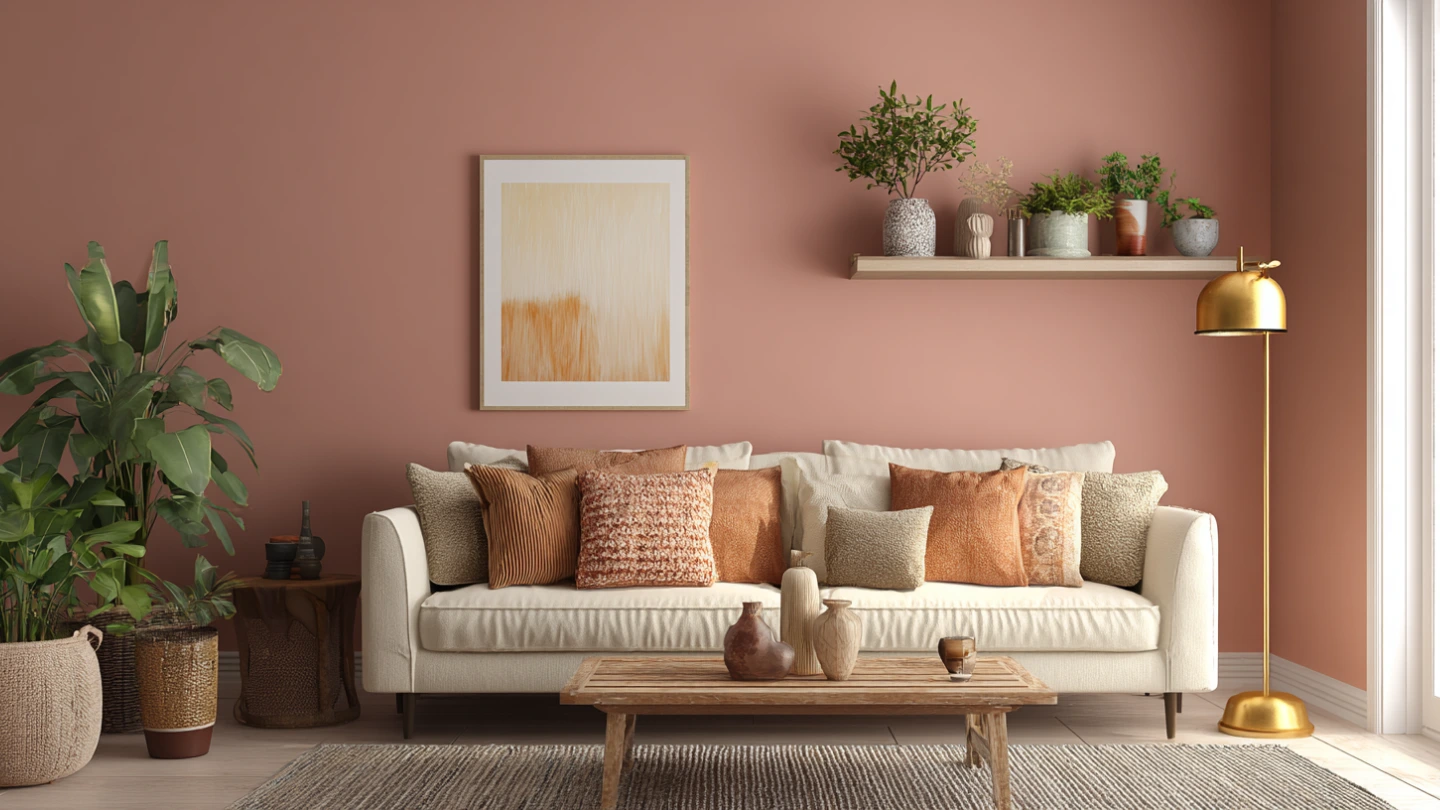 Deep terracotta painted accent wall in a modern Malaysian living room with warm timber accents Deep terracotta painted accent wall in a modern Malaysian living room with warm timber accents