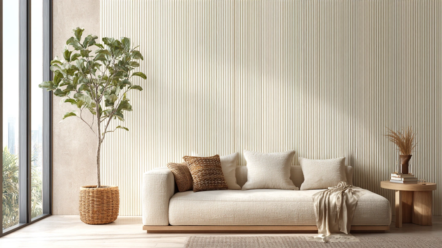 Cream fluted MDF panel feature wall in a Japandi-style Malaysian living room Cream fluted MDF panel feature wall in a Japandi-style Malaysian living room