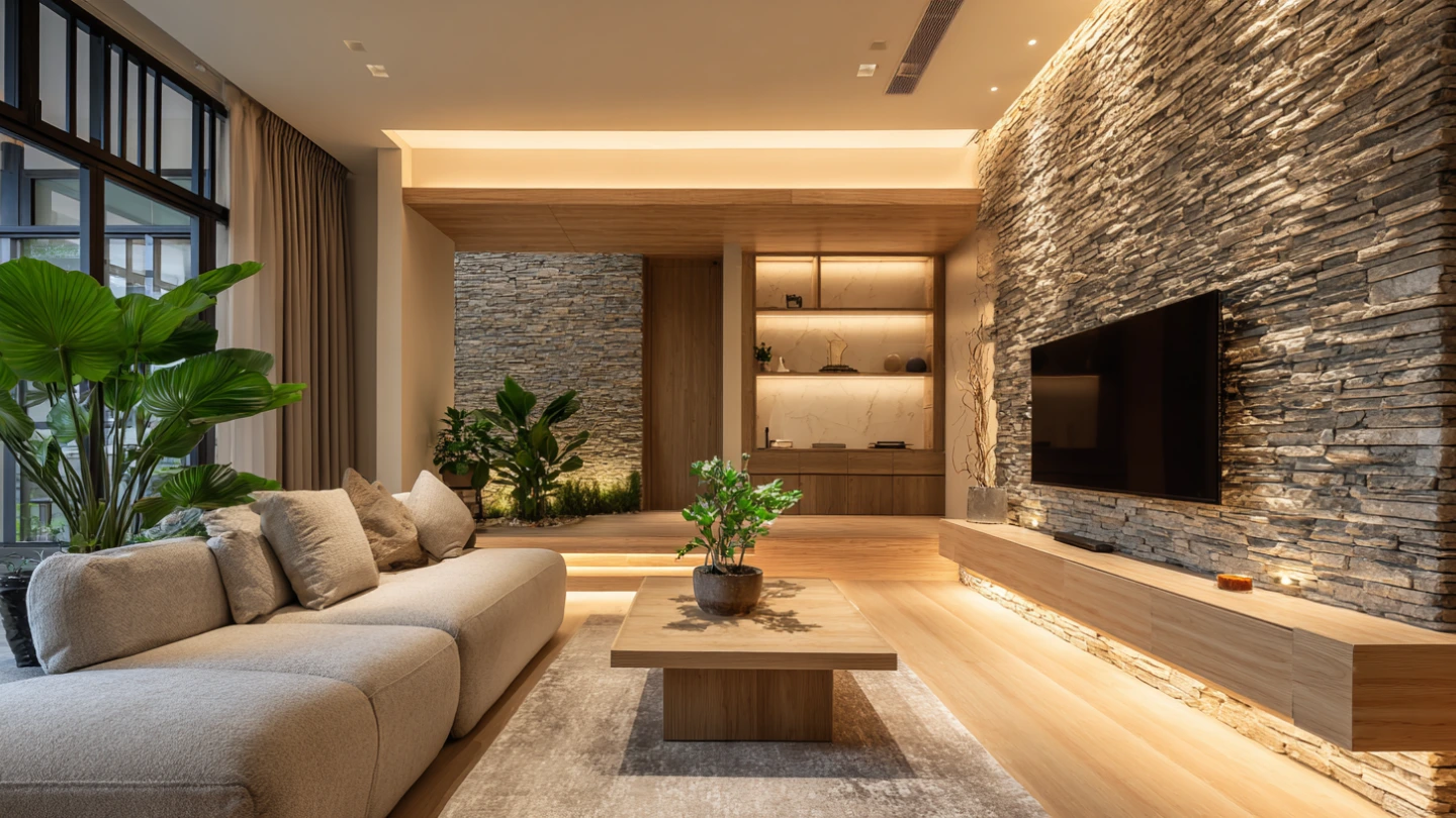 Natural stone cladding TV feature wall in a modern Malaysian terrace house living room Natural stone cladding TV feature wall in a modern Malaysian terrace house living room