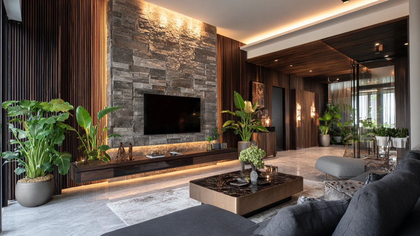 Mixed material feature wall combining timber slats and stone tiles in a luxury KL condo living room Mixed material feature wall combining timber slats and stone tiles in a luxury KL condo living room
