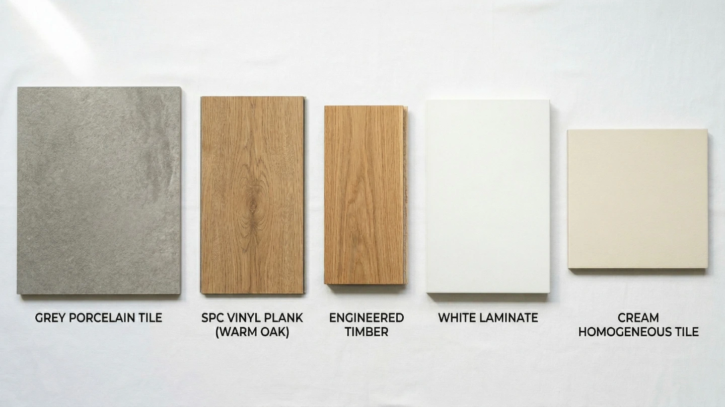 Side-by-side flooring samples including tiles, vinyl plank, and timber in a Malaysian home setting