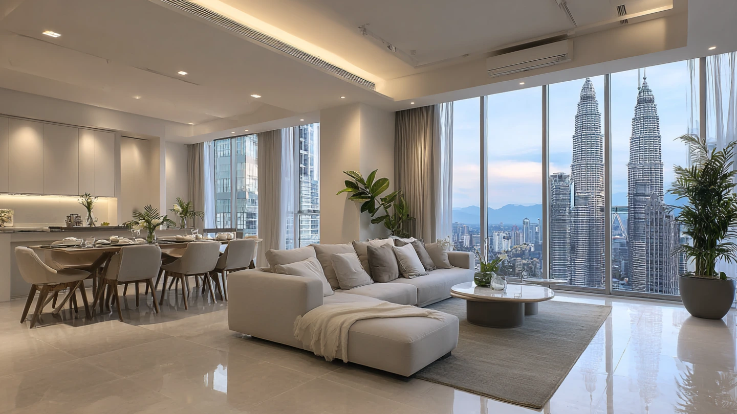 Large-format grey porcelain tiles in a modern open-plan living room in a Kuala Lumpur condo