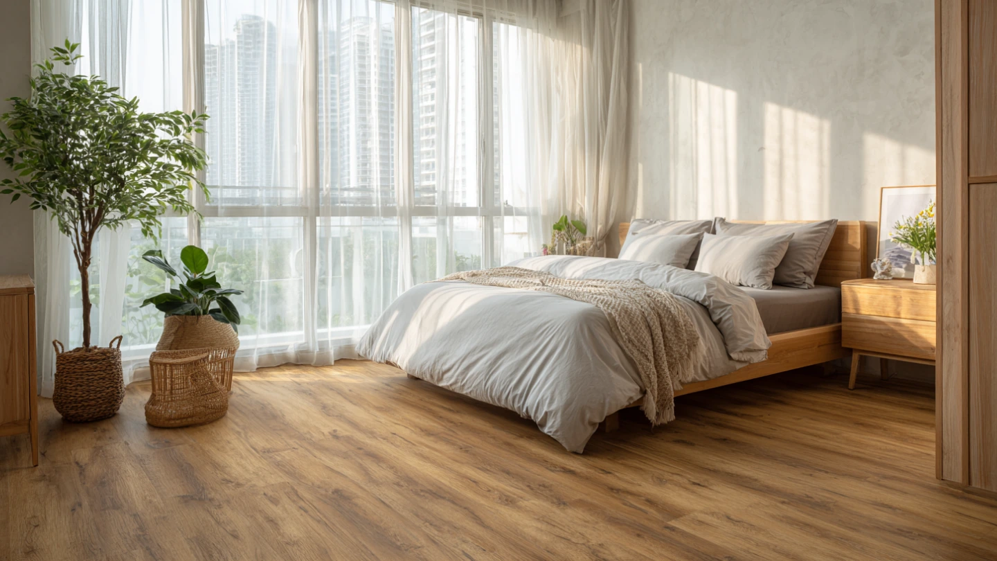 Warm oak SPC vinyl plank flooring in a modern Malaysian condo bedroom with natural light