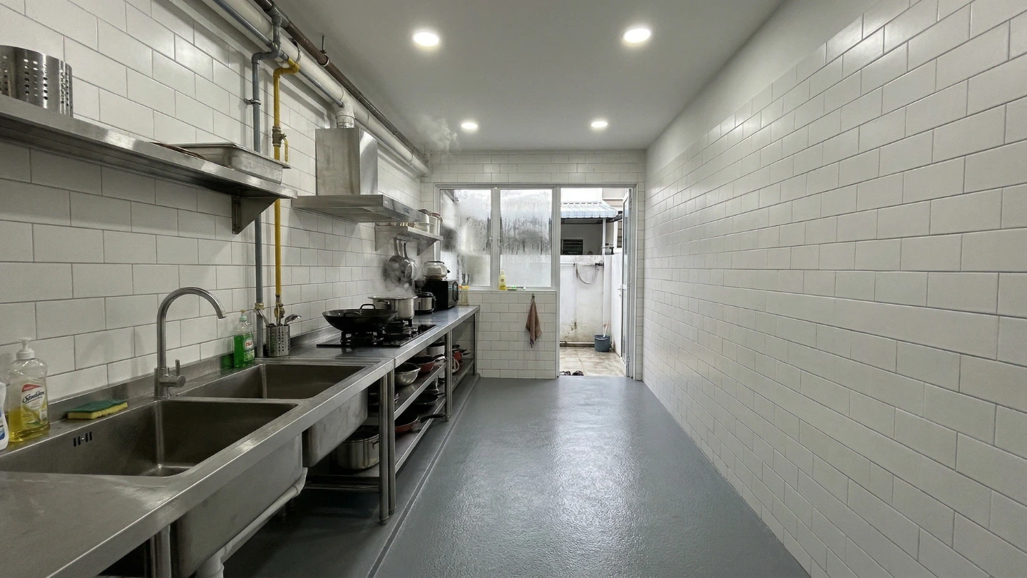 Seamless grey epoxy flooring in a Malaysian terrace house wet kitchen with matte tile walls