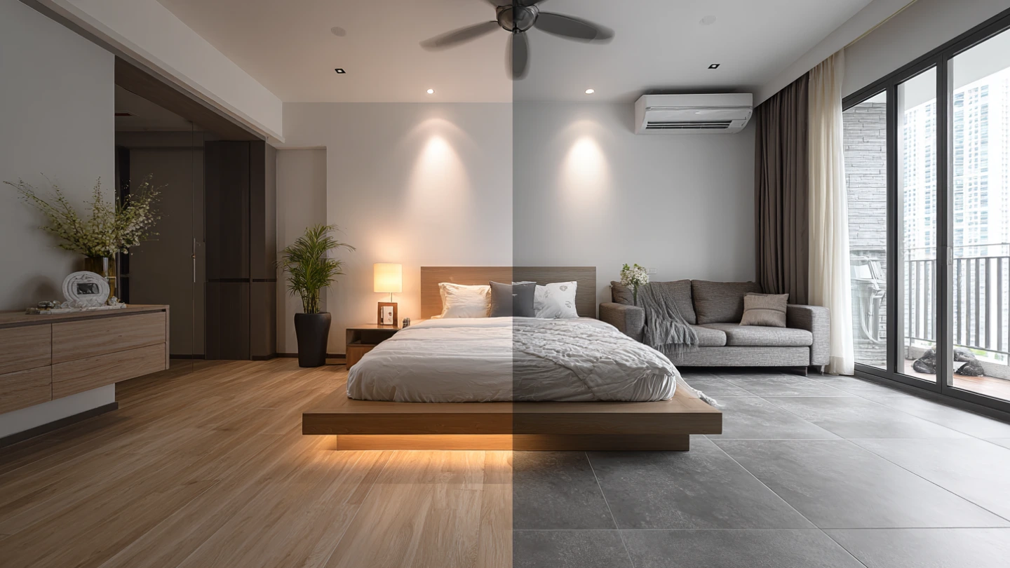 Split view of Malaysian condo bedroom with vinyl plank flooring and living room with porcelain tiles