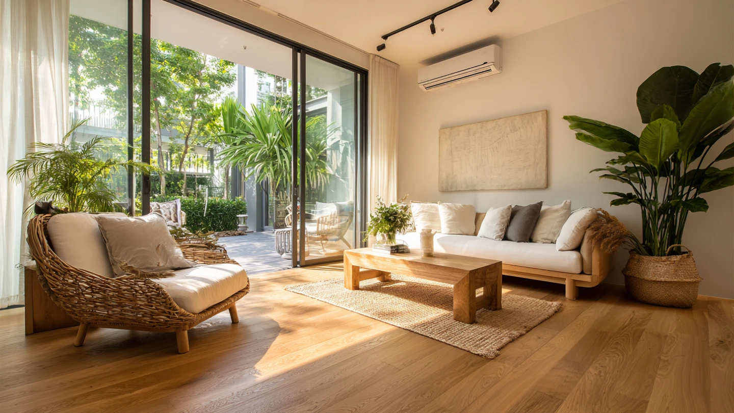 Engineered oak timber flooring in a bright Malaysian terrace house living room with Japandi decor