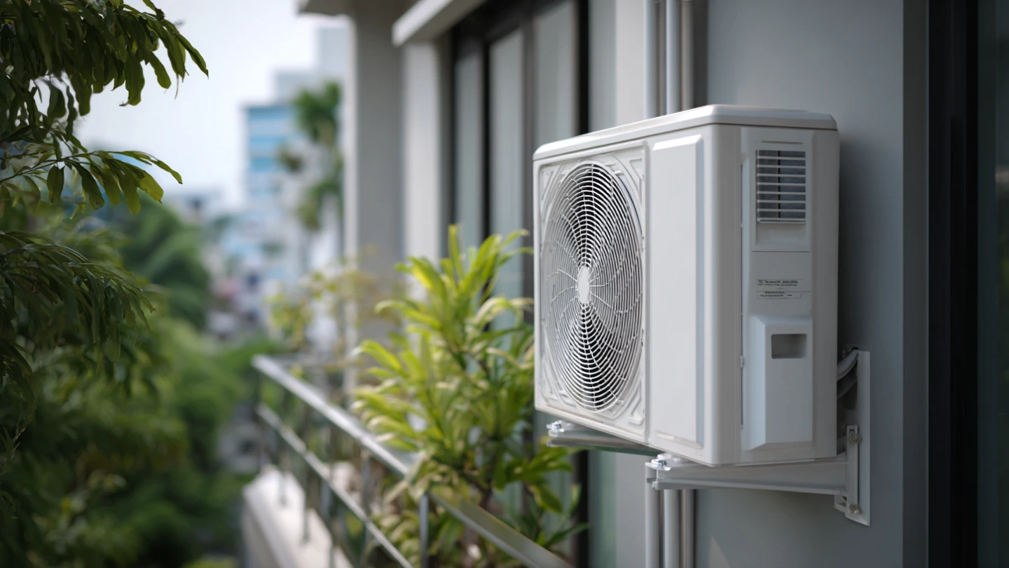 roperly installed air conditioning compressor unit on approved bracket in Malaysian condominium balcony area roperly installed air conditioning compressor unit on approved bracket in Malaysian condominium balcony area