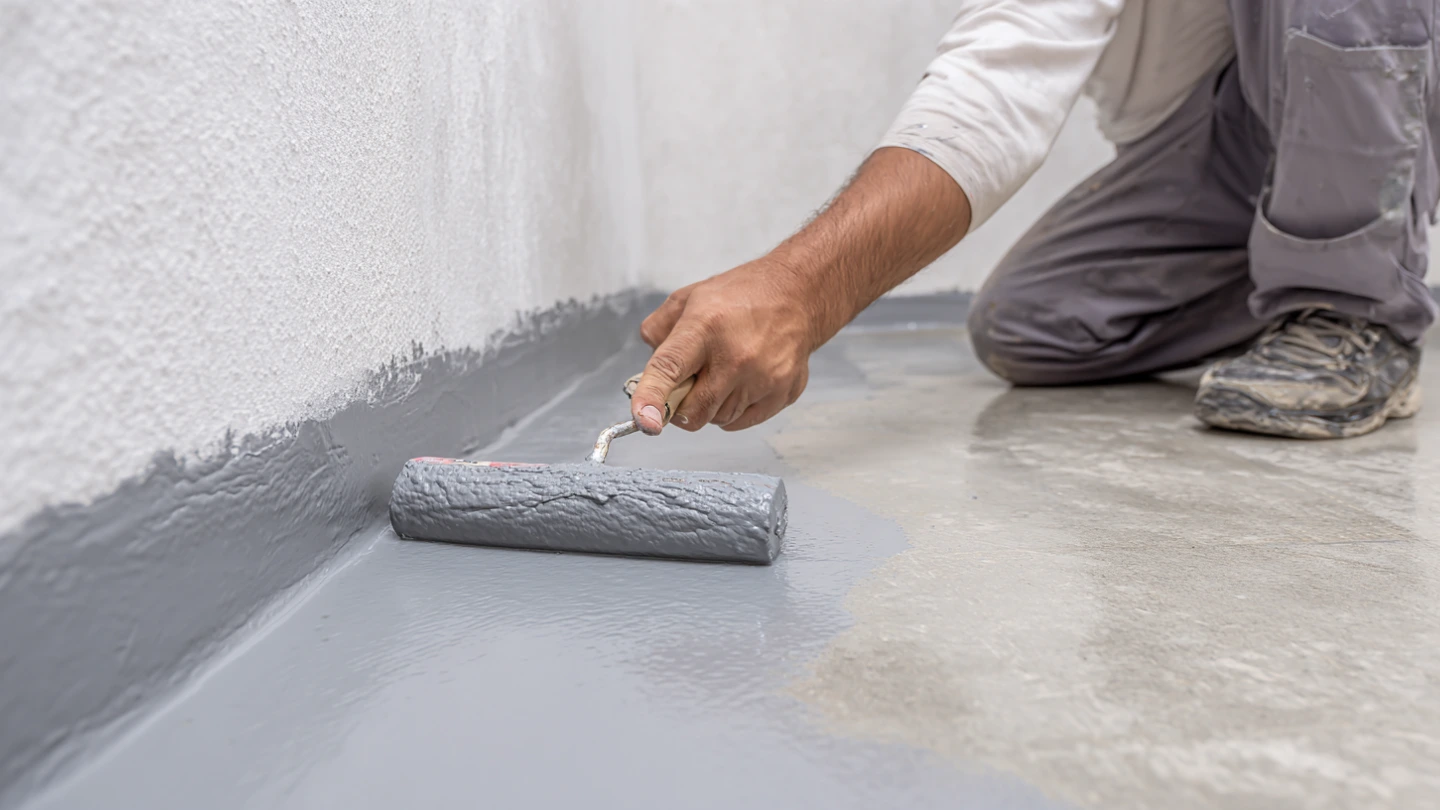 Professional waterproofing application in progress in a Malaysian condo bathroom before tiling Professional waterproofing application in progress in a Malaysian condo bathroom before tiling