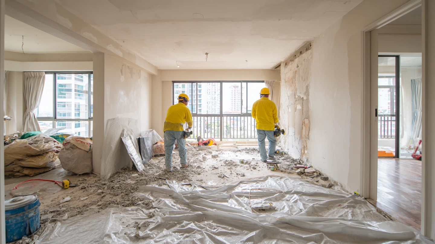Construction workers doing hacking work in Malaysian condo unit during approved renovation hours on weekday Construction workers doing hacking work in Malaysian condo unit during approved renovation hours on weekday