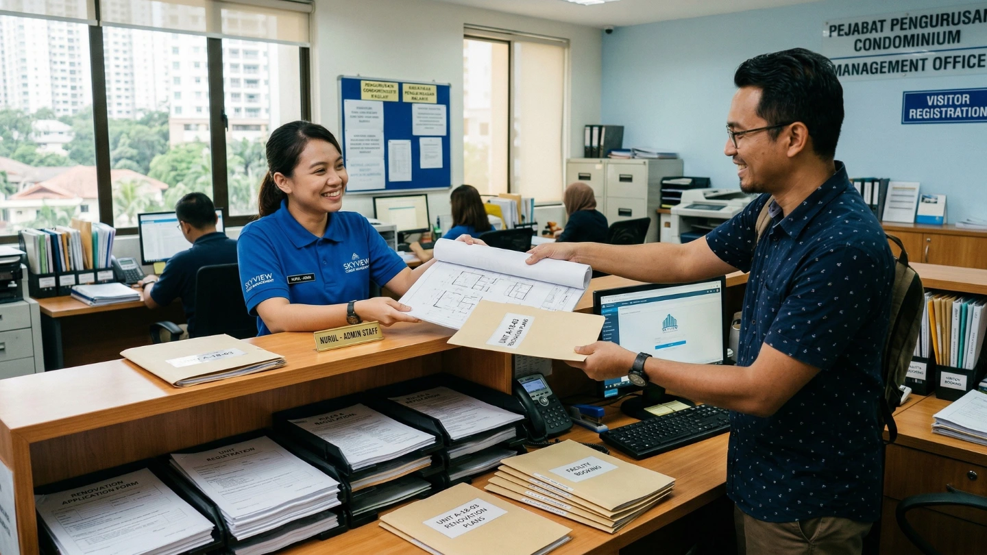 Homeowner submitting renovation plans to condo management office in Malaysia for JMB approval Homeowner submitting renovation plans to condo management office in Malaysia for JMB approval