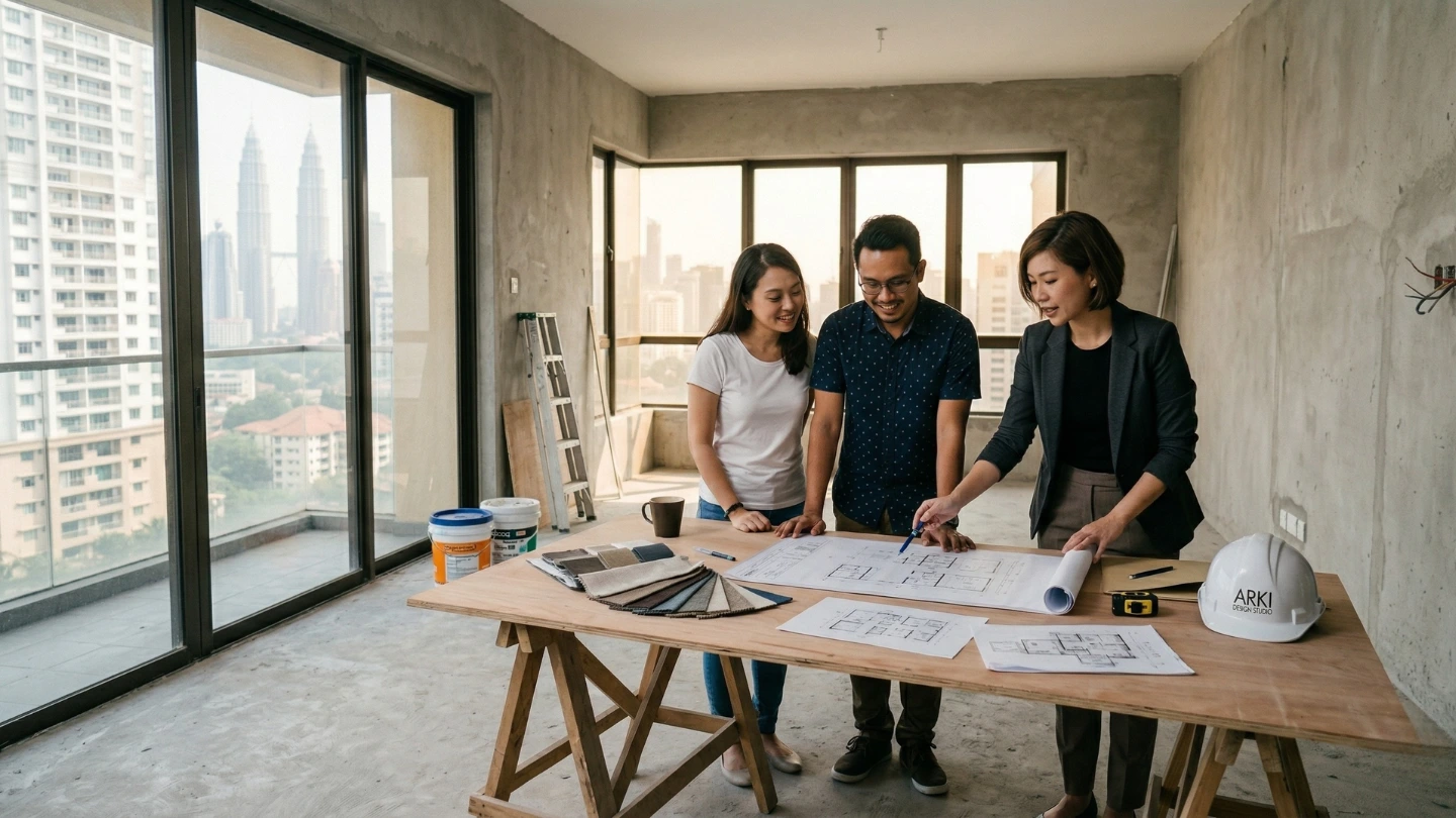 Malaysian homeowner and interior designer reviewing renovation plans together inside an empty condo unit in KL Malaysian homeowner and interior designer reviewing renovation plans together inside an empty condo unit in KL