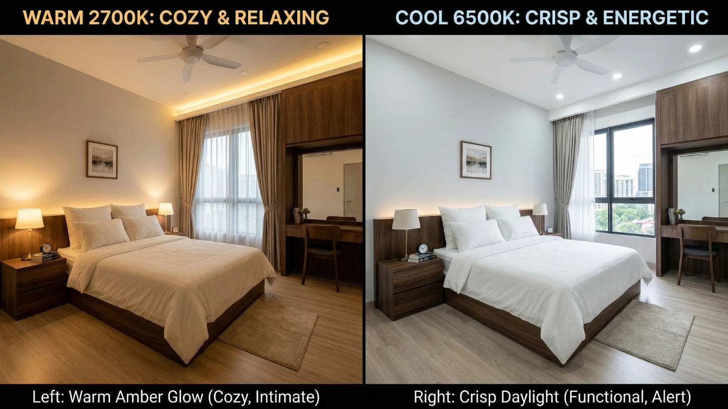 Side-by-side comparison of warm white and cool white lighting in a Malaysian bedroom
