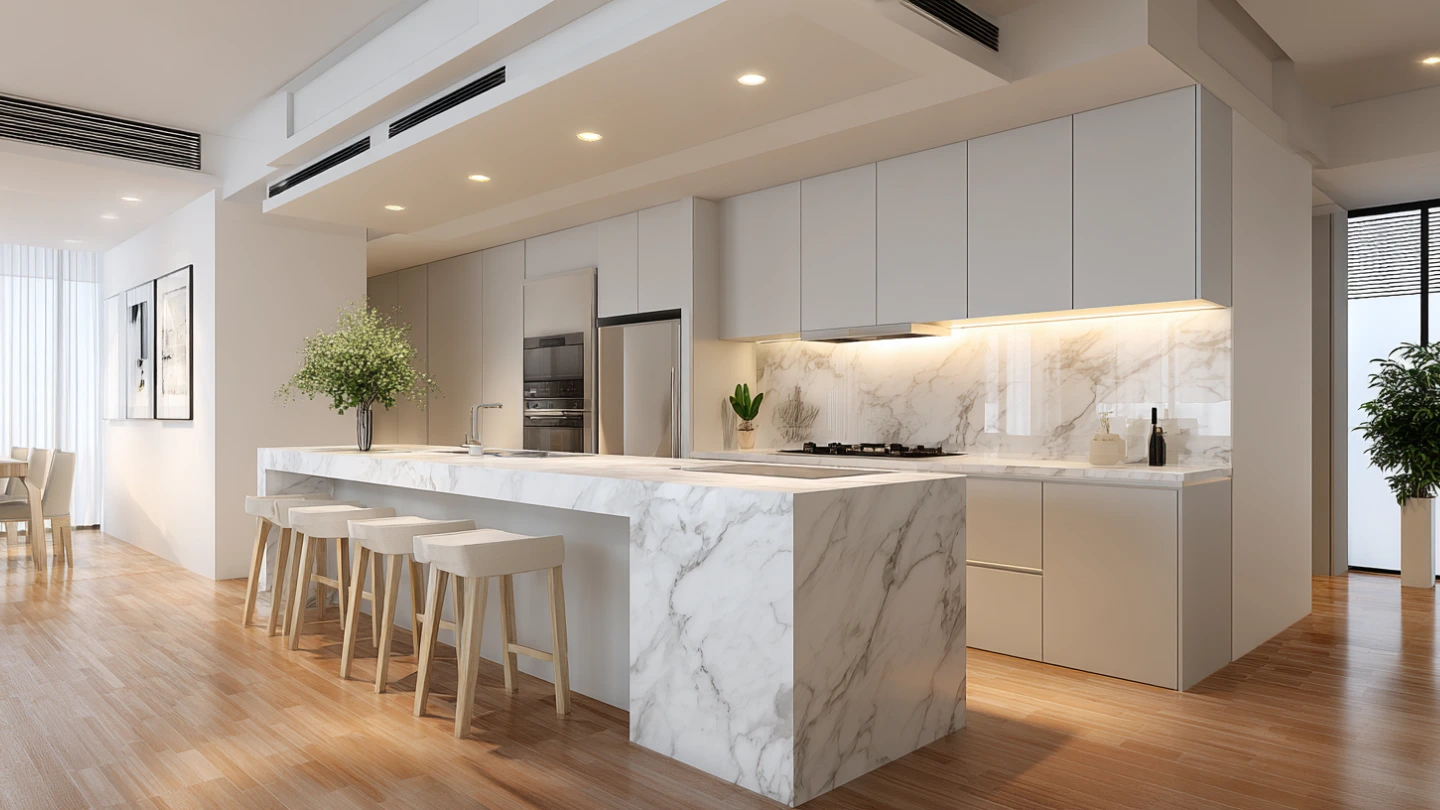 Recessed LED downlights in a modern white false ceiling above a Malaysian condo kitchen island